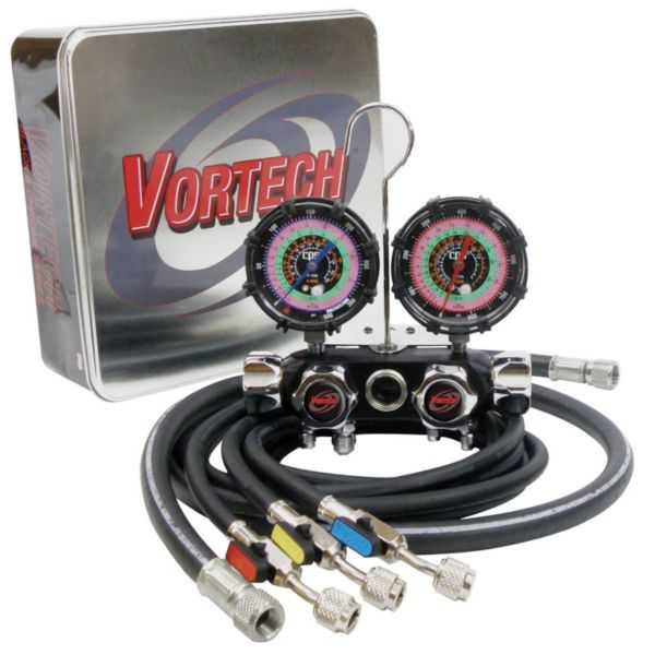 CPS MV4H4P5EZ - Black and Chrome Vortech manifold with R-134A, 22, 404A, 410A gauges & 5' premium Ball Valve hoses